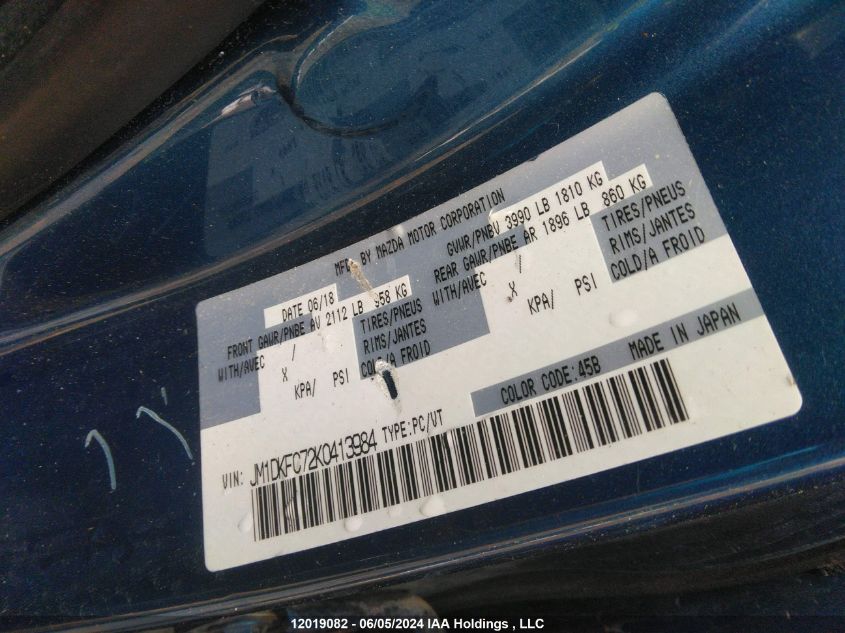 2019 Mazda Cx-3 VIN: JM1DKFC72K0413984 Lot: 12019082