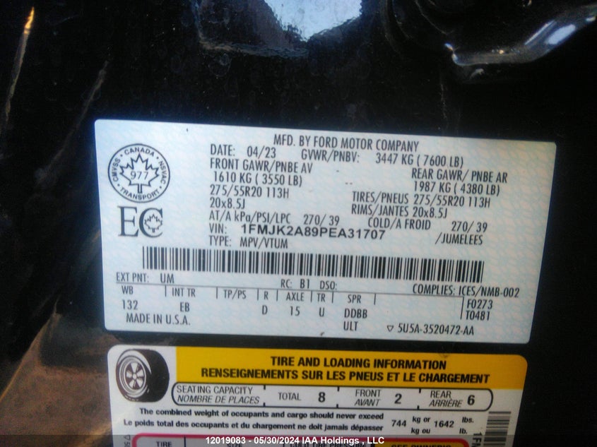 2023 Ford Expedition Max Limited VIN: 1FMJK2A89PEA31707 Lot: 12019083