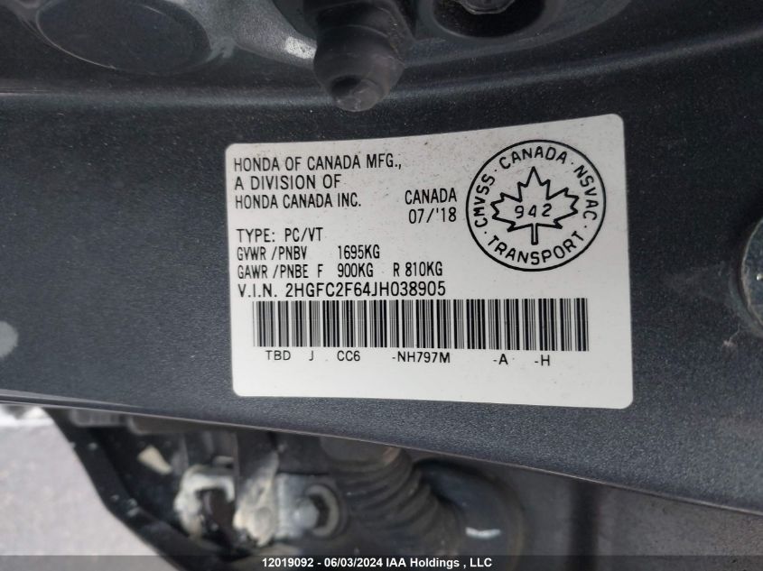 2018 Honda Civic Sedan VIN: 2HGFC2F64JH038905 Lot: 12019092