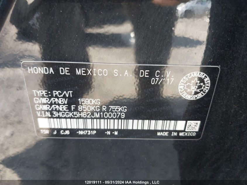 2018 Honda Fit Sport VIN: 3HGGK5H62JM100079 Lot: 12019111