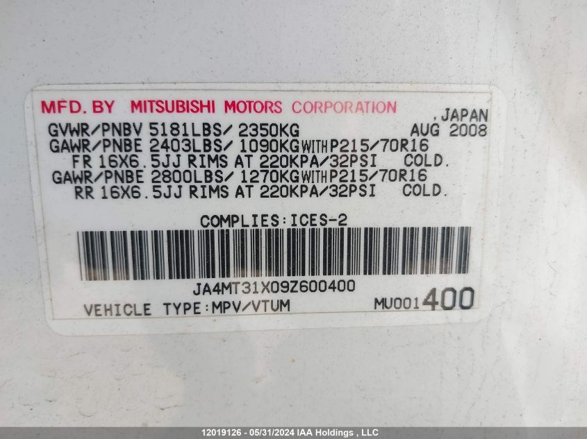 2009 Mitsubishi Outlander VIN: JA4MT31X09Z600400 Lot: 12019126