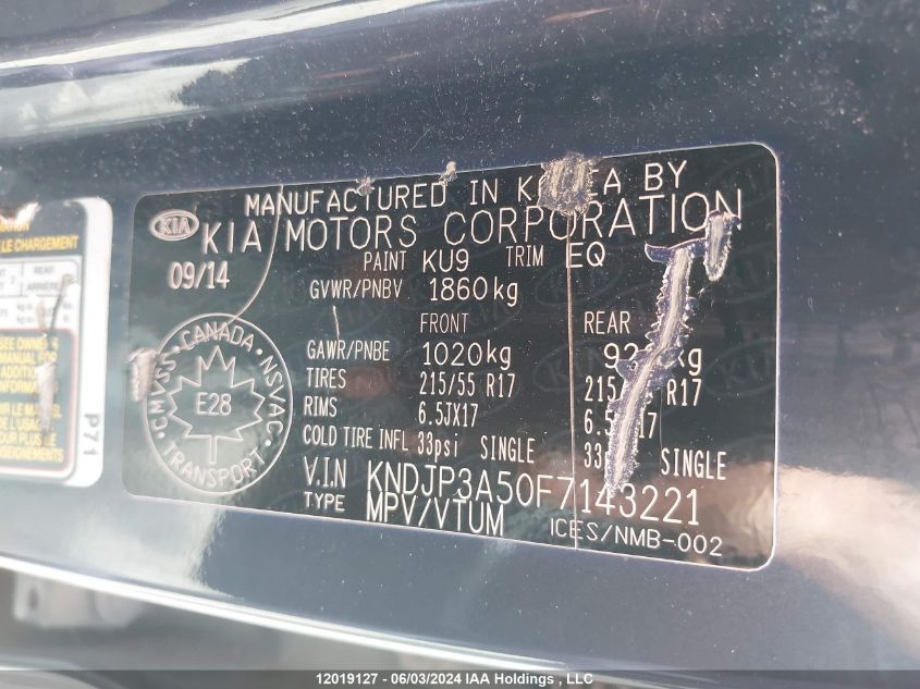 2015 Kia Soul VIN: KNDJP3A50F7143221 Lot: 12019127