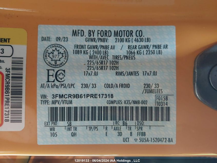 2023 Ford Bronco Sport Big Bend VIN: 3FMCR9B61PRE17318 Lot: 12019133