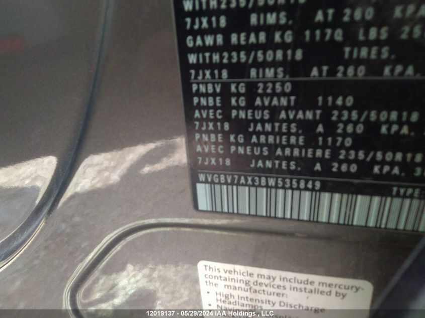 2011 Volkswagen Tiguan VIN: WVGBV7AX3BW535849 Lot: 12019137