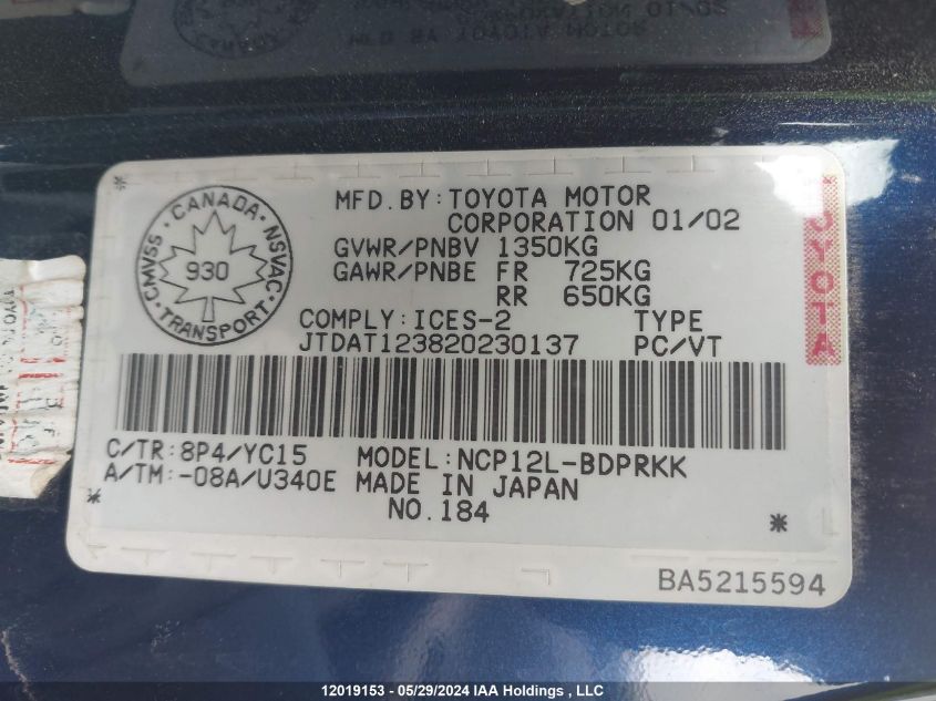 2002 Toyota Echo VIN: JTDAT123820230137 Lot: 12019153