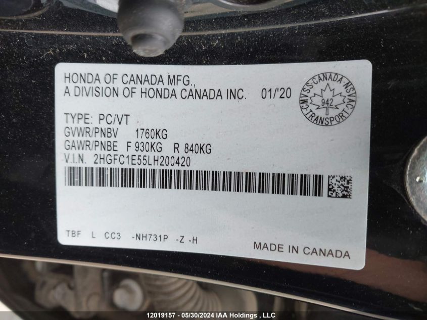 2020 Honda Civic Si Sedan VIN: 2HGFC1E55LH200420 Lot: 12019157