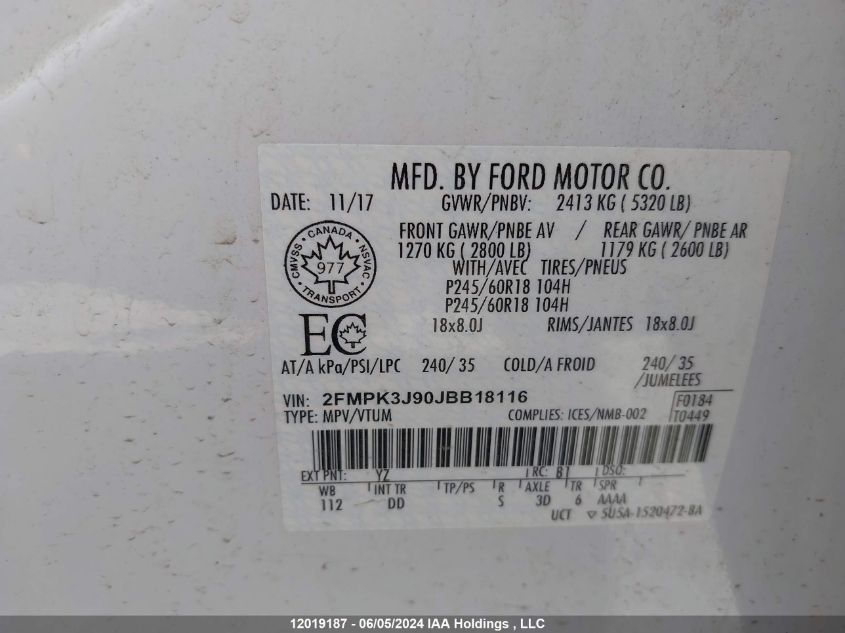 2018 Ford Edge Sel VIN: 2FMPK3J90JBB18116 Lot: 12019187