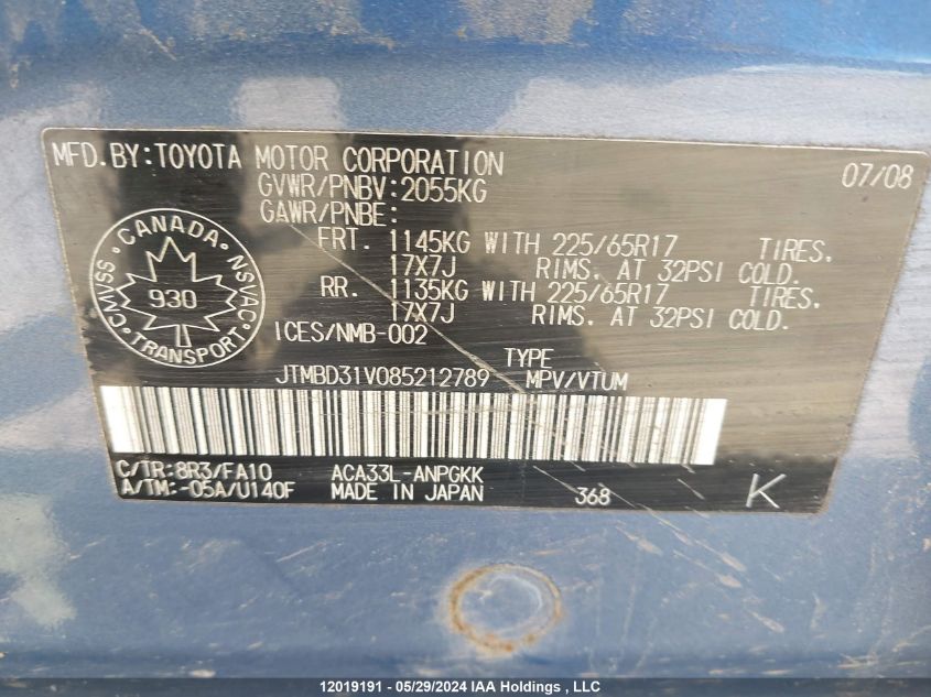2008 Toyota Rav4 Limited VIN: JTMBD31V085212789 Lot: 12019191