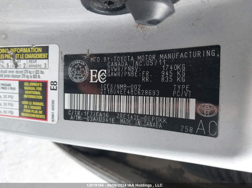 2011 Toyota Corolla Le VIN: 2T1BU4EE4BC628693 Lot: 12019194