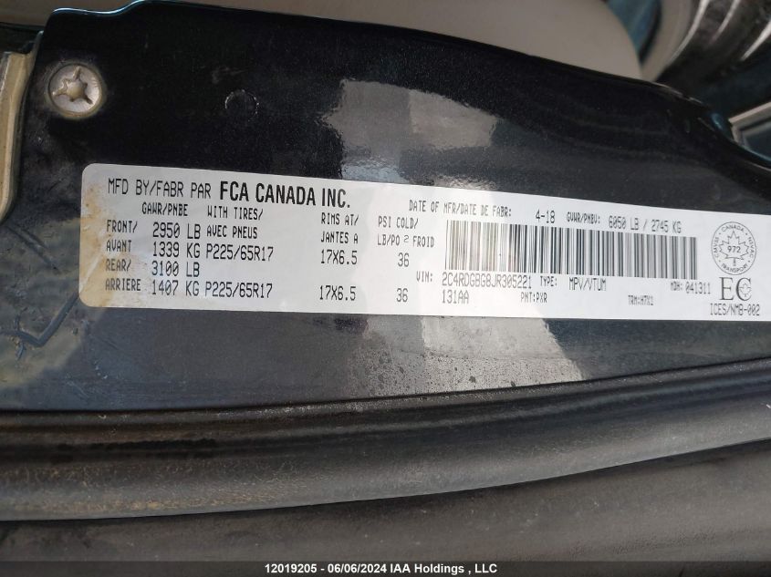 2018 Dodge Grand Caravan Cvp/Sxt VIN: 2C4RDGBG8JR305221 Lot: 12019205