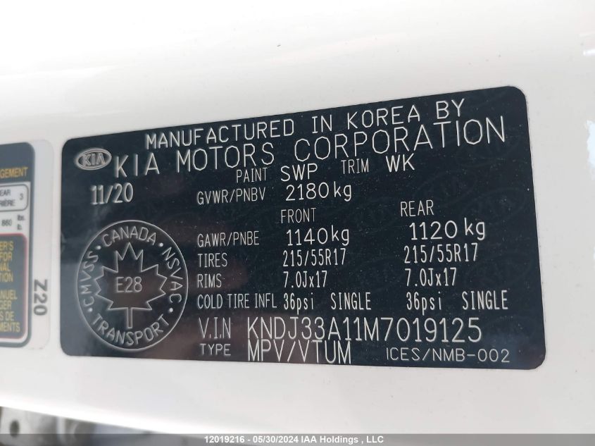 2021 Kia Soul Ev VIN: KNDJ33A11M7019125 Lot: 12019216