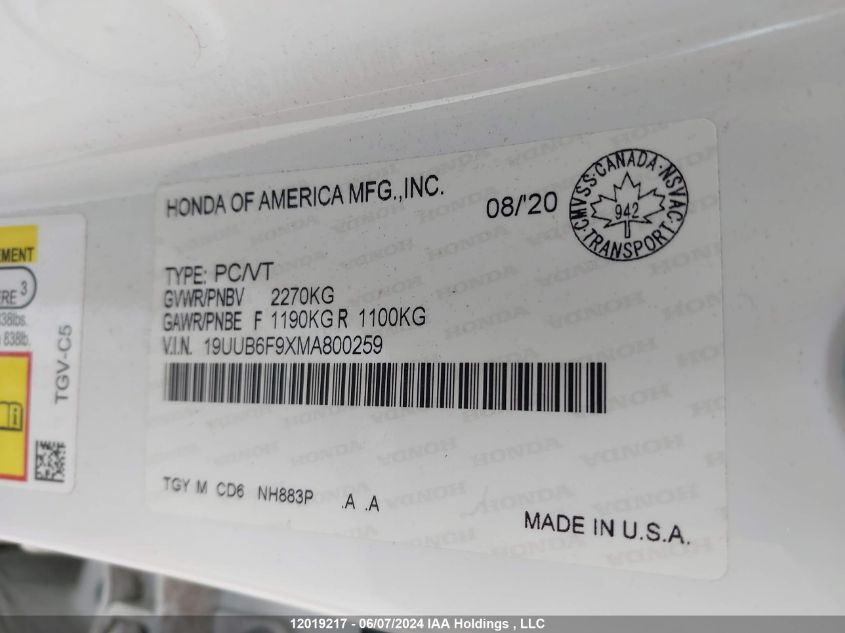 2021 Acura Tlx Platinum Elite VIN: 19UUB6F9XMA800259 Lot: 12019217