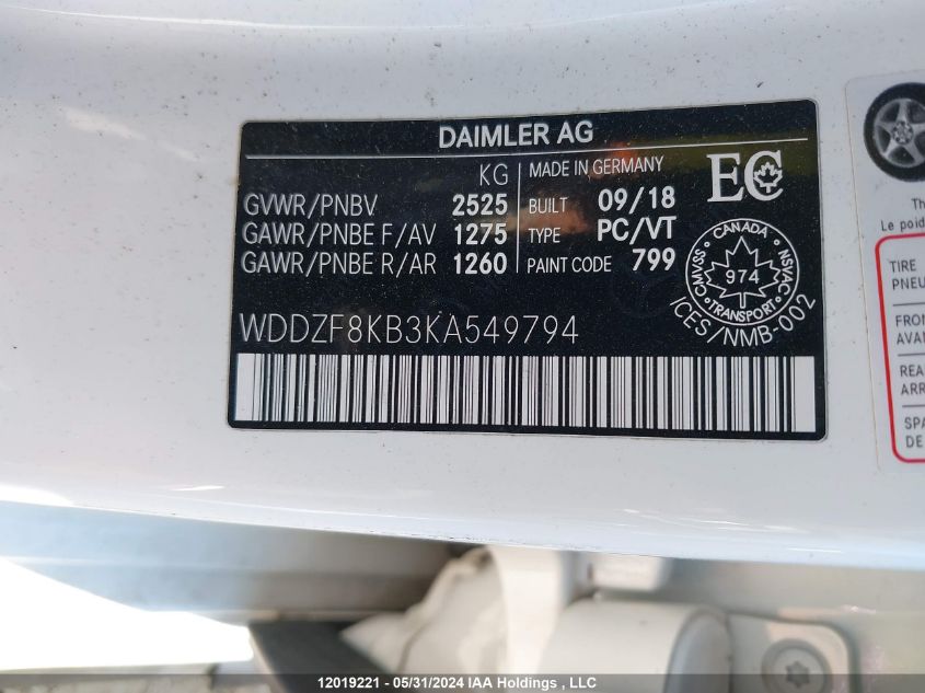 2019 Mercedes-Benz E-Class VIN: WDDZF8KB3KA549794 Lot: 12019221