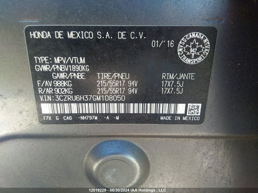 2016 Honda Hr-V VIN: 3CZRU6H37GM108050 Lot: 12019229