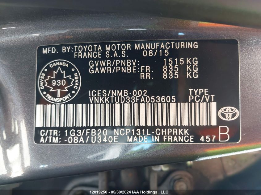 2015 Toyota Yaris VIN: VNKKTUD33FA053605 Lot: 12019250