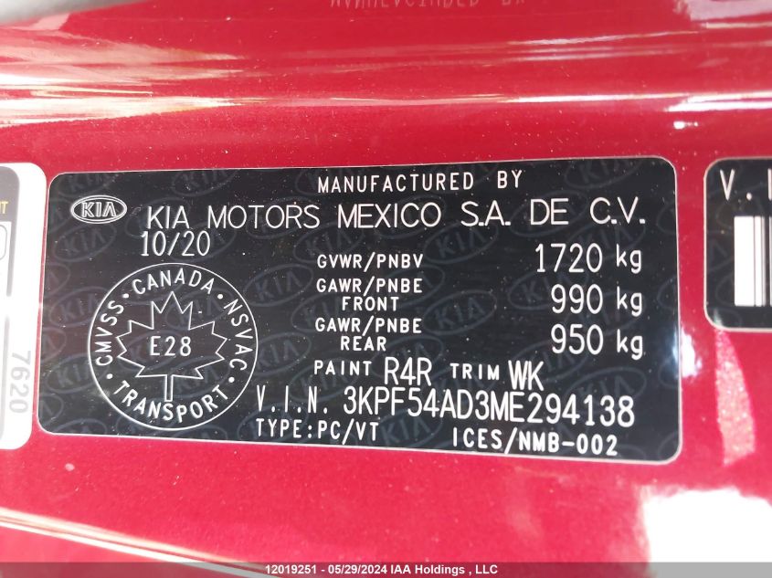 2021 Kia Forte VIN: 3KPF54AD3ME294138 Lot: 12019251