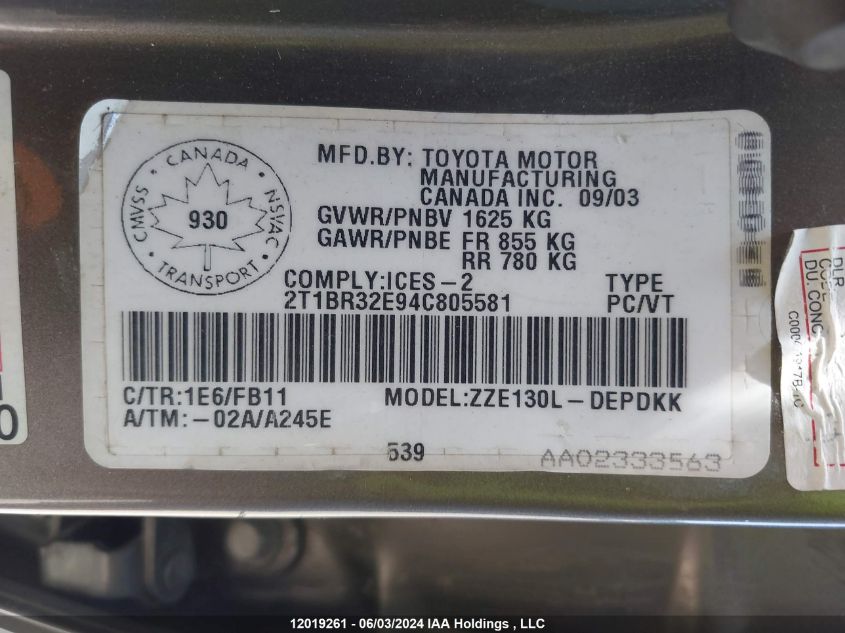 2004 Toyota Corolla Ce/Le/S VIN: 2T1BR32E94C805581 Lot: 12019261