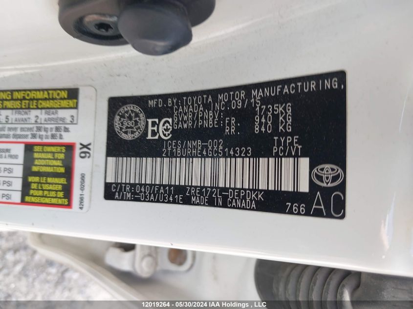 2016 Toyota Corolla VIN: 2T1BURHE4GC514323 Lot: 12019264