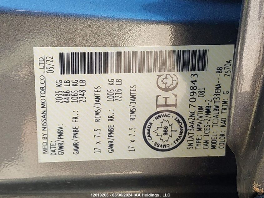 2022 Nissan Rogue VIN: 5N1AT3AA2NC709843 Lot: 12019265