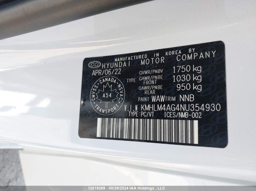 2022 Hyundai Elantra Sel VIN: KMHLM4AG4NU354930 Lot: 12019269