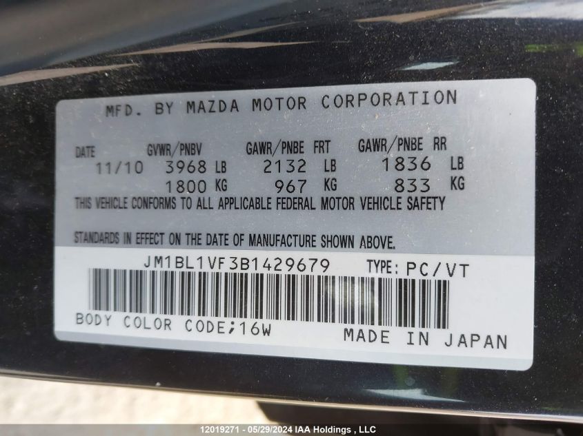 2011 Mazda Mazda3 VIN: JM1BL1VF3B1429679 Lot: 12019271