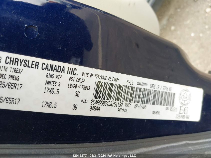 2013 Dodge Grand Caravan Se/Sxt VIN: 2C4RDGBG4DR751192 Lot: 12019277