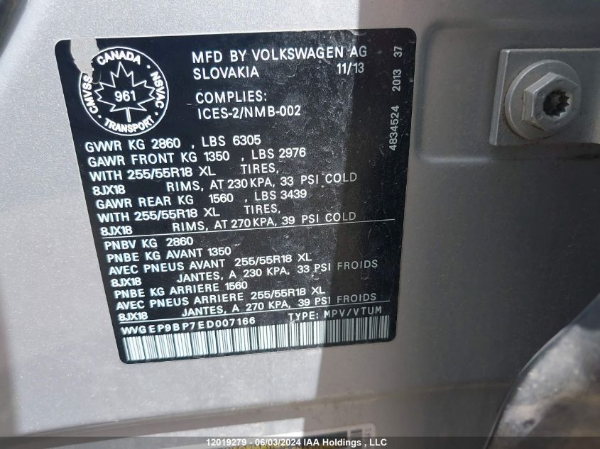 2014 Volkswagen Touareg VIN: WVGEP9BP7ED007166 Lot: 12019279