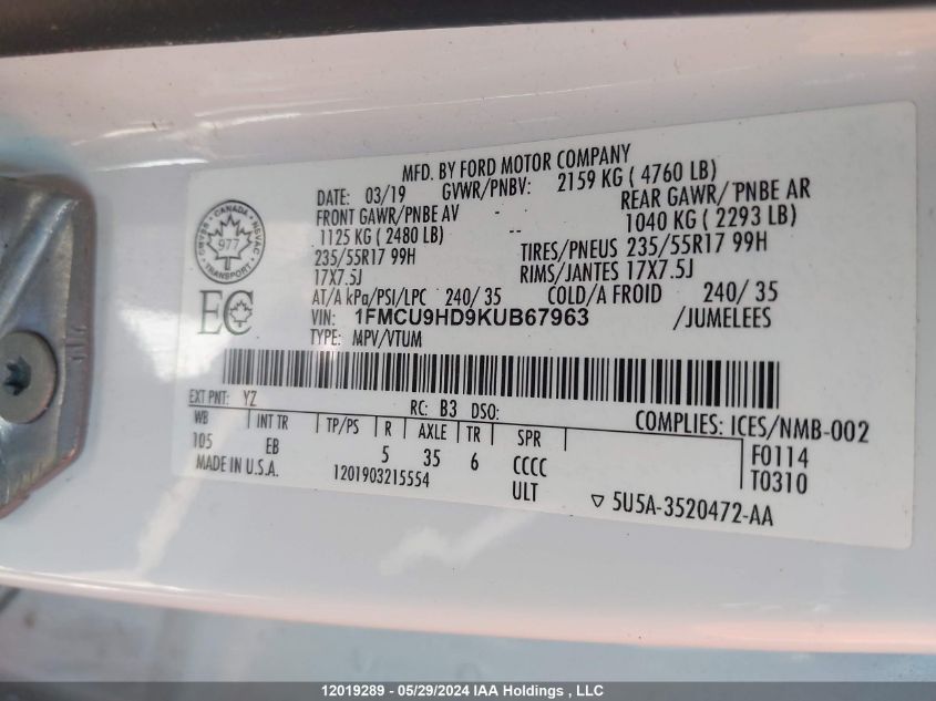 2019 Ford Escape Sel VIN: 1FMCU9HD9KUB67963 Lot: 12019289