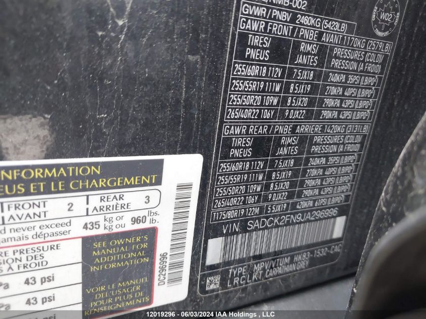 2018 Jaguar F-Pace VIN: SADCK2FN9JA296996 Lot: 12019296