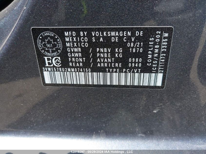 2021 Volkswagen Jetta VIN: 3VWE57BU2MM074150 Lot: 12019297