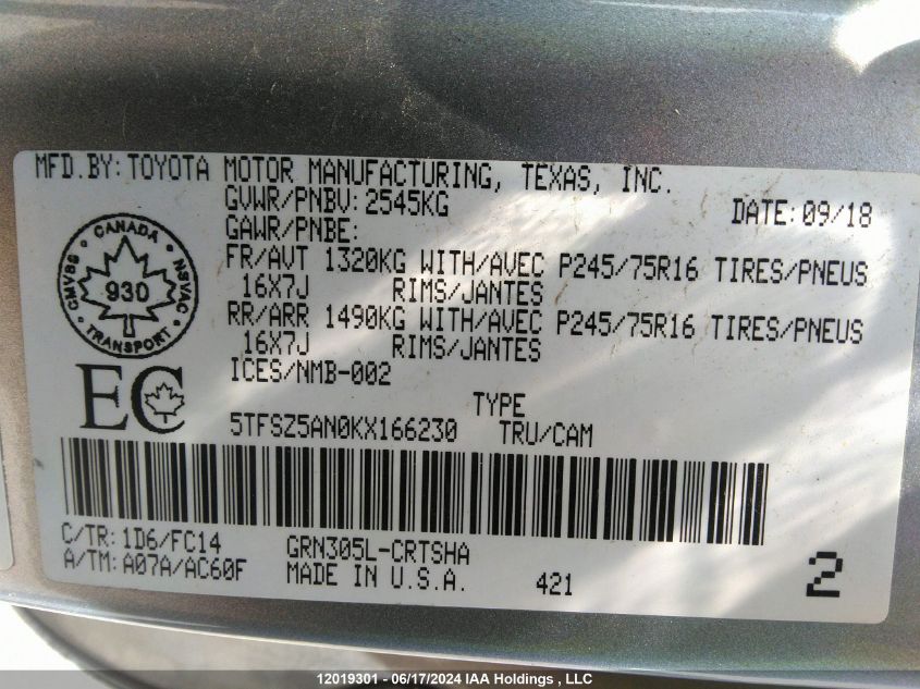 2019 Toyota Tacoma Sr5 V6/Trd Off Road VIN: 5TFSZ5AN0KX166230 Lot: 12019301