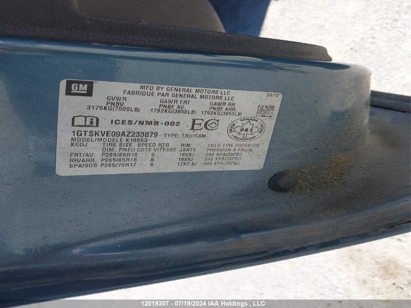 2010 GMC Sierra 1500 VIN: 1GTSKVE09AZ233879 Lot: 12019307