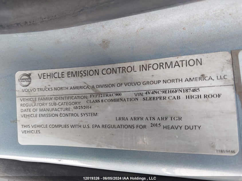 2015 Volvo Vn L VIN: 4V4NC9EH6FN187485 Lot: 12019326