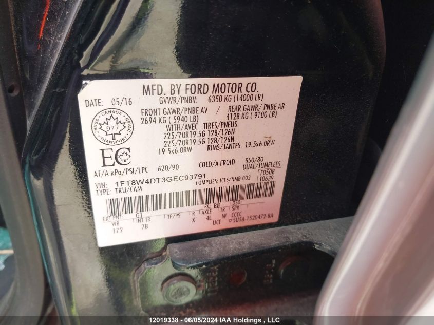 2016 Ford F-450 Lariat VIN: 1FT8W4DT3GEC93791 Lot: 12019338