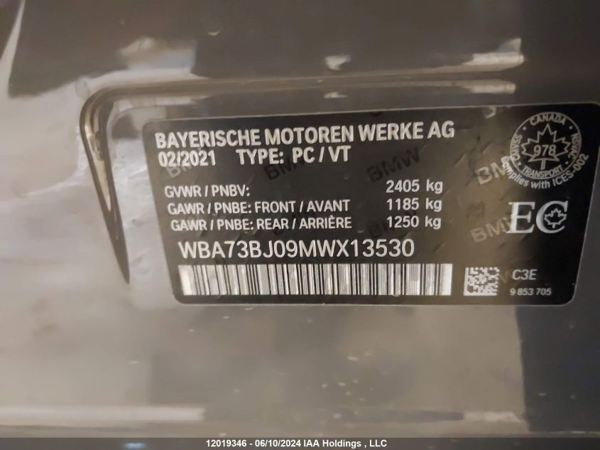 2021 BMW 540 Xi VIN: WBA73BJ09MWX13530 Lot: 12019346