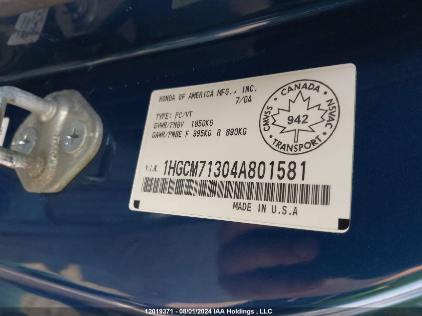 2004 Honda Accord Cpe VIN: 1HGCM71304A801581 Lot: 12019371
