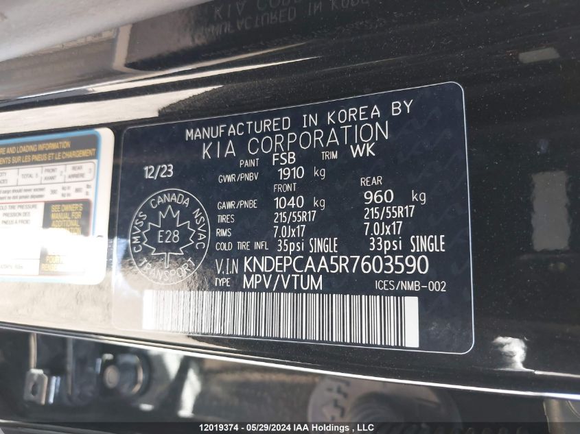 2024 Kia Seltos Lx VIN: KNDEPCAA5R7603590 Lot: 12019374