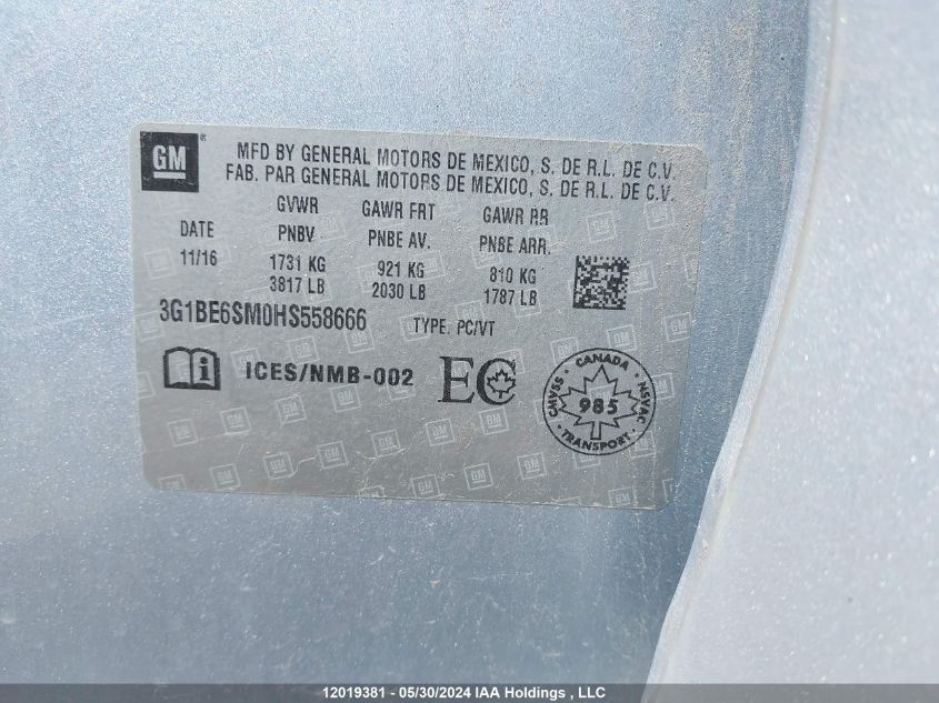 2017 Chevrolet Cruze Lt VIN: 3G1BE6SM0HS558666 Lot: 12019381