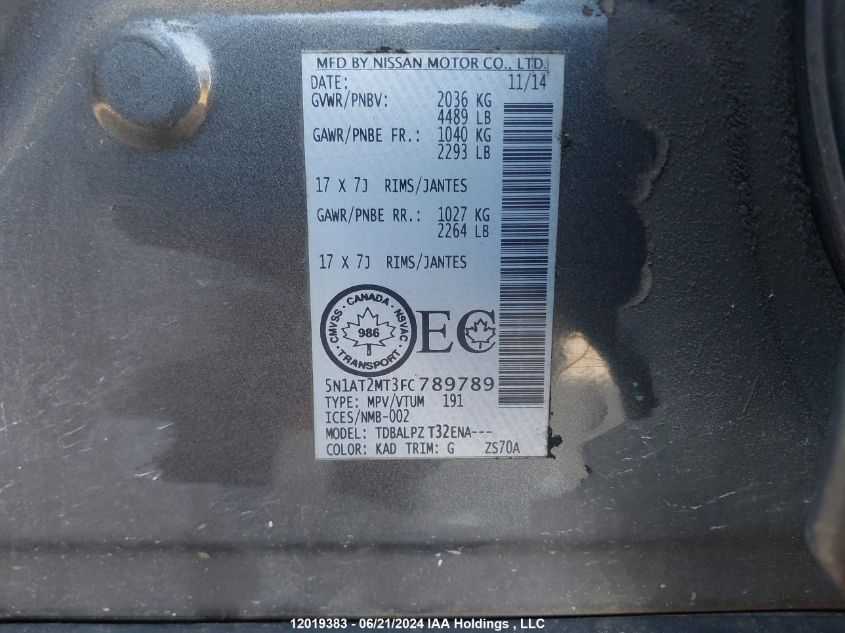 2015 Nissan Rogue S/Sl/Sv VIN: 5N1AT2MT3FC789789 Lot: 12019383