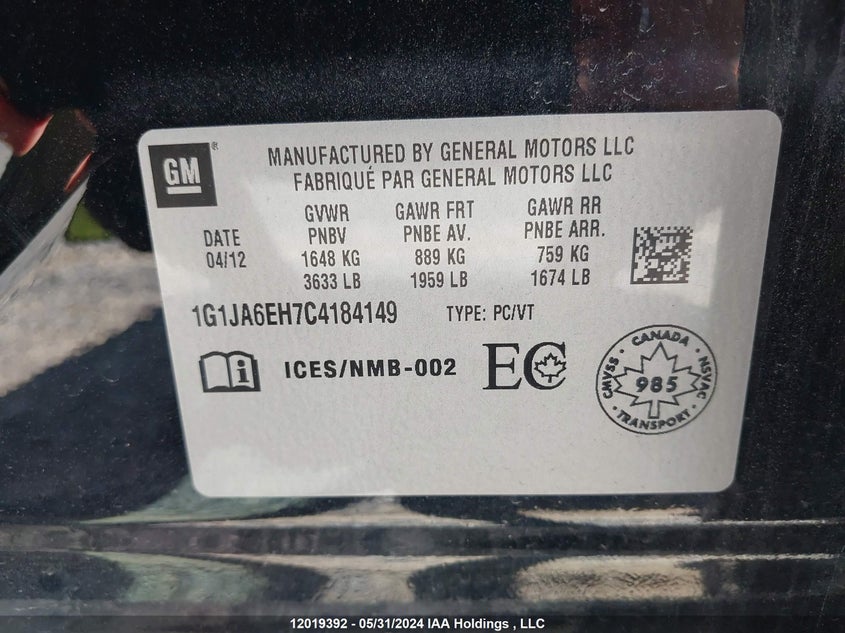 2012 Chevrolet Sonic VIN: 1G1JA6EH7C4184149 Lot: 12019392