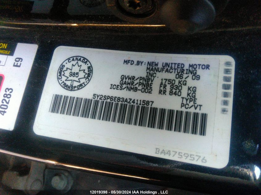 2010 Pontiac Vibe VIN: 5Y2SP6E83AZ411587 Lot: 12019398