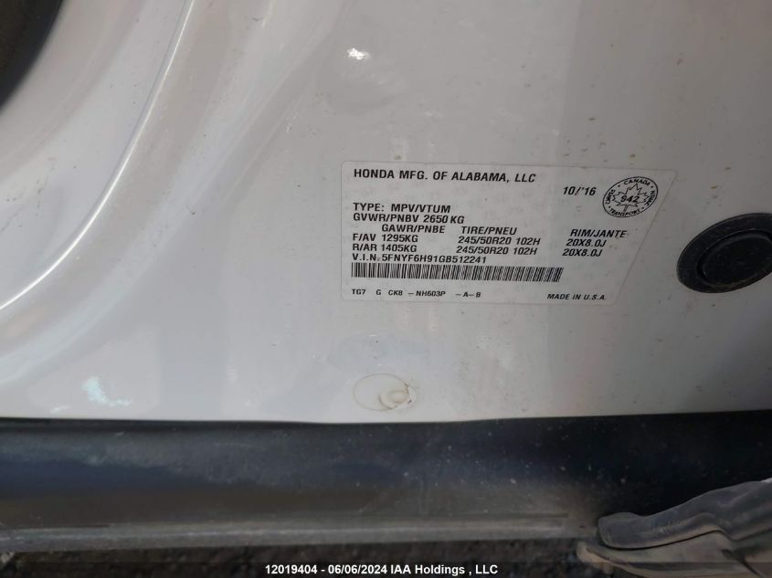 2016 Honda Pilot VIN: 5FNYF6H91GB512241 Lot: 12019404