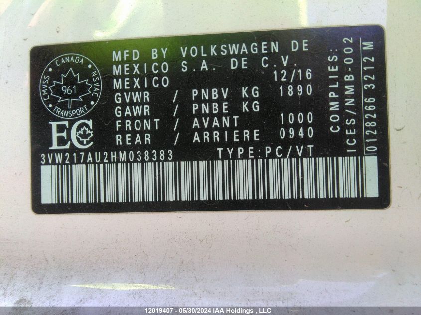 2017 Volkswagen Golf S/Wolfsburg/Se/Sel VIN: 3VW217AU2HM038383 Lot: 12019407