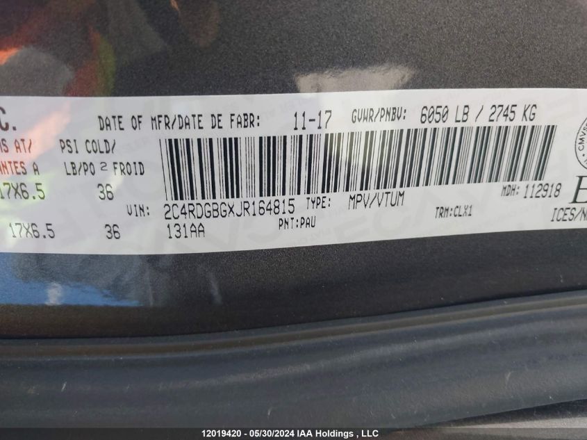 2018 Dodge Grand Caravan Se VIN: 2C4RDGBGXJR164815 Lot: 12019420