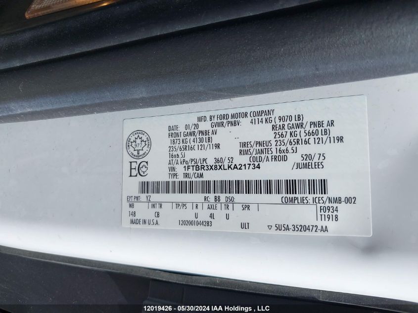 2020 Ford Transit T-250 VIN: 1FTBR3X8XLKA21734 Lot: 12019426