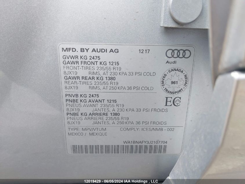 2018 Audi Q5 VIN: WA1BNAFY3J2107704 Lot: 12019429