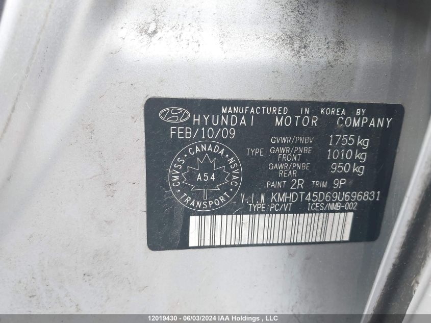 2009 Hyundai Elantra VIN: KMHDT45D69U696831 Lot: 12019430