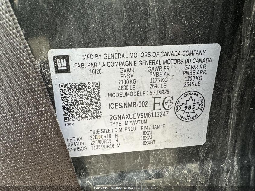 2021 Chevrolet Equinox VIN: 2GNAXUEV5M6113247 Lot: 12019435