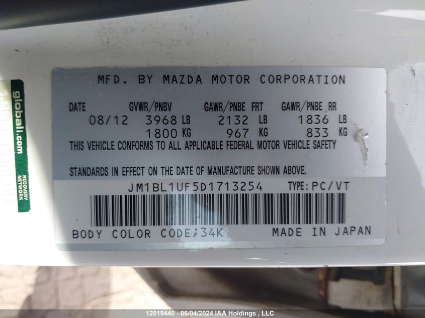 2013 Mazda Mazda3 VIN: JM1BL1UF5D1713254 Lot: 12019440
