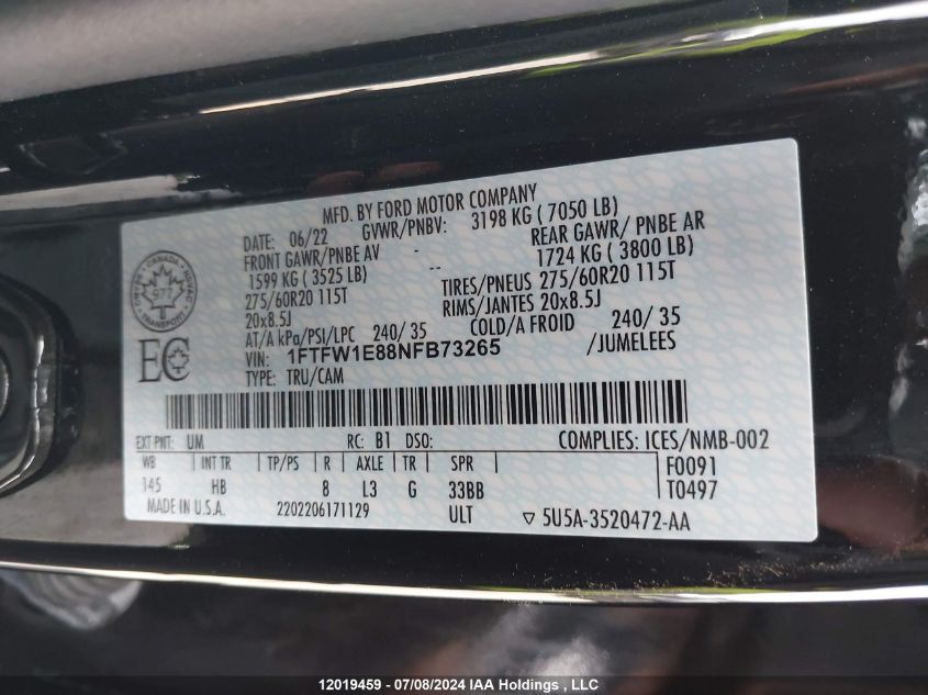 2022 Ford F-150 Lariat VIN: 1FTFW1E88NFB73265 Lot: 12019459